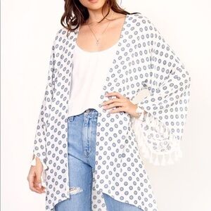 Blue and white fringe kimono/cover up